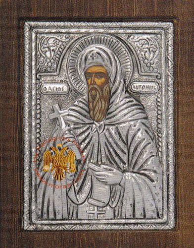 Saint Anthony Silver Plated Metal Icon on Wood